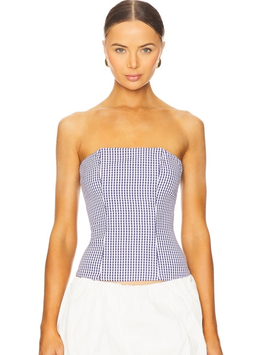 More To Come Tops - REVOLVE More To Come Strapless Gingham Bustier Top in Navy and White